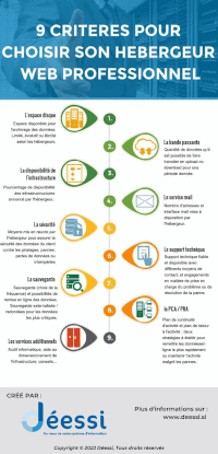 Infographie des 9 critères pour choisir son hébergement web professionnel créée par Déessi